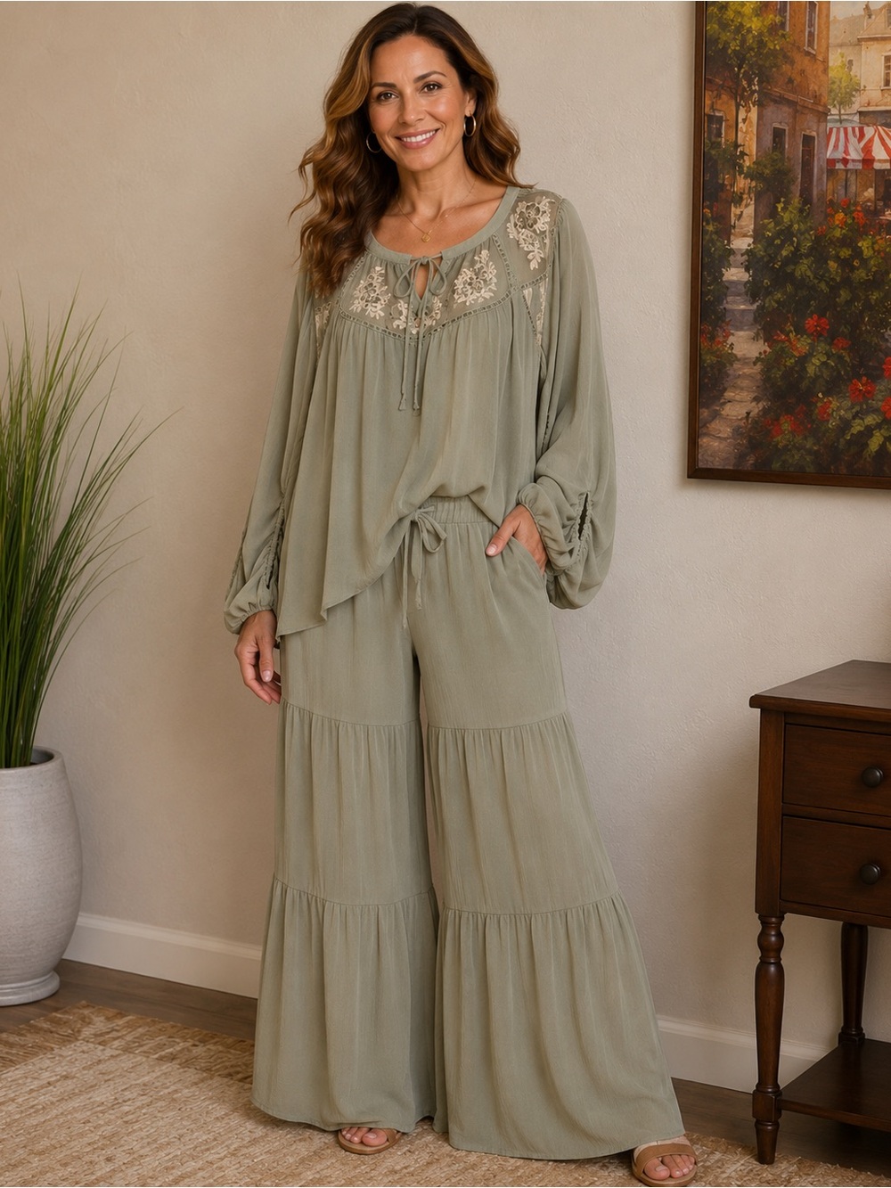 NWT $100 Flowy 2 pc Romantic Boho tiered pant set with Lacey Tunic top olive 1X